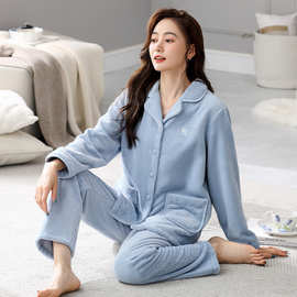 珊瑚绒睡衣女秋冬季加绒法兰绒保暖卡通翻领家居服套装2023年新款