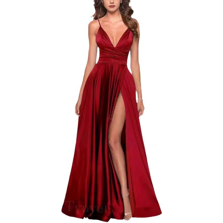 Elegante vestido de fiesta largo con cuello en V dividido, plisado de dama de honor de gasa larga, vestido formal, vestido de noche de satén
