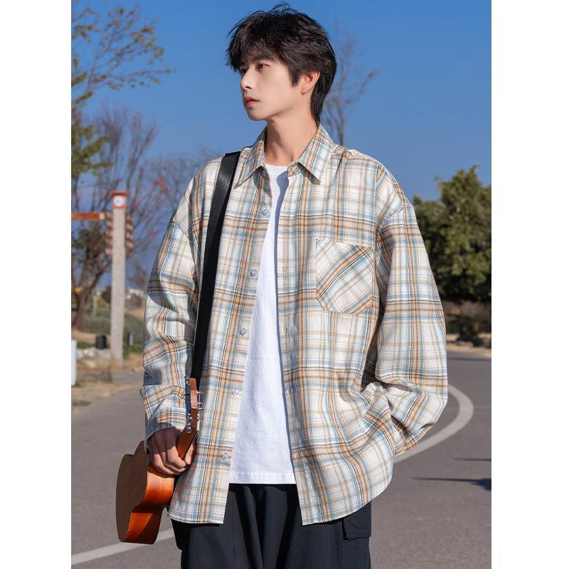 Camisa polo xadrez de manga comprida unissex, modelo folgado, para primavera e outono (nova coleção 2024), jaqueta fina casual para estudantes._voghion.com