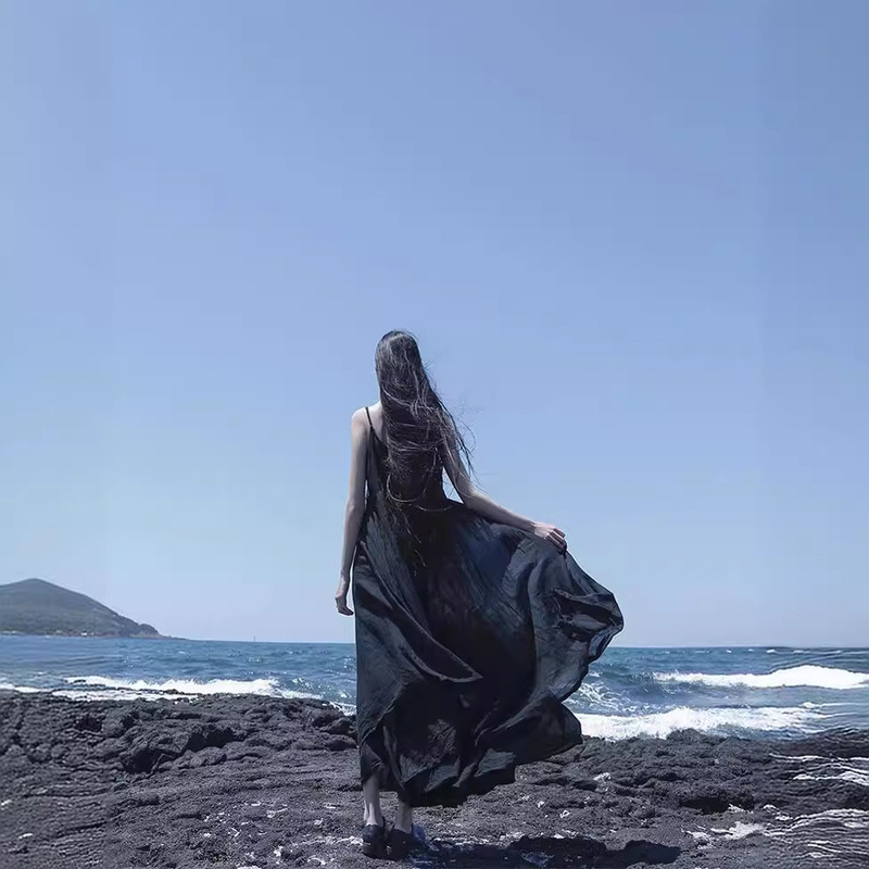 2024 spring and summer new style cool wind New Chinese style black and white super long irregular large swing sling dress