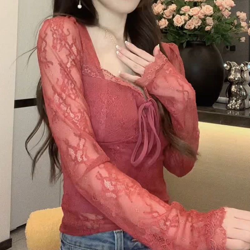 Red Lace Tie-up Waist Long-sleeved Top Women's 2025 New Arrival Elegant V-neck Slim-fit Slim-fit Short T-shirt