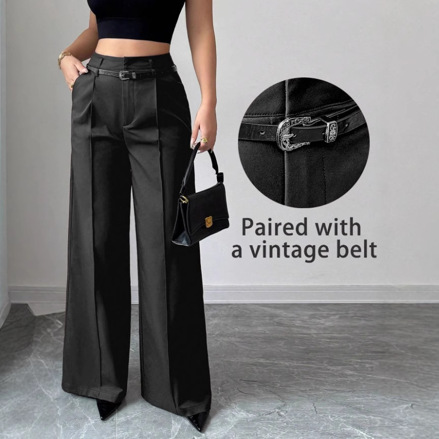 跨境欧美2025秋冬新款女士休闲气质通勤高腰宽松直筒长裤西装裤