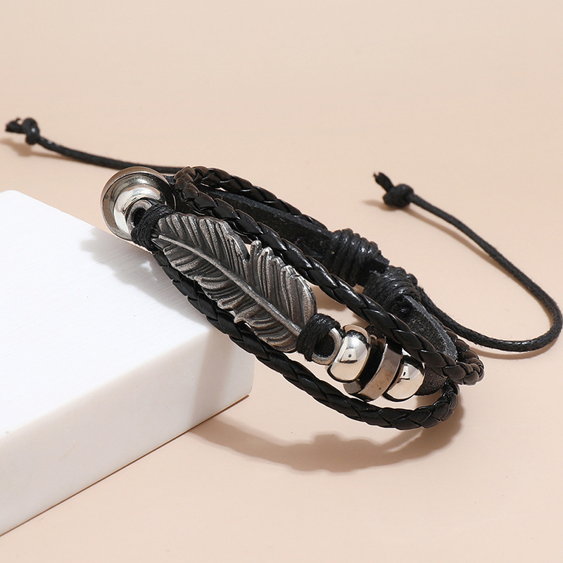 wholesale jewelry feather shape beaded leather bracelet nihaojewelry