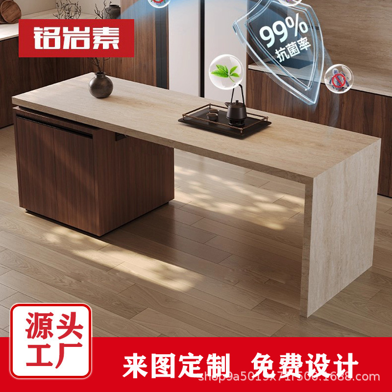Flush-Mounted Travertine Stone Island Table Integrated with Dining Table for Small Apartments with Open Kitchens, High-End Sideboard