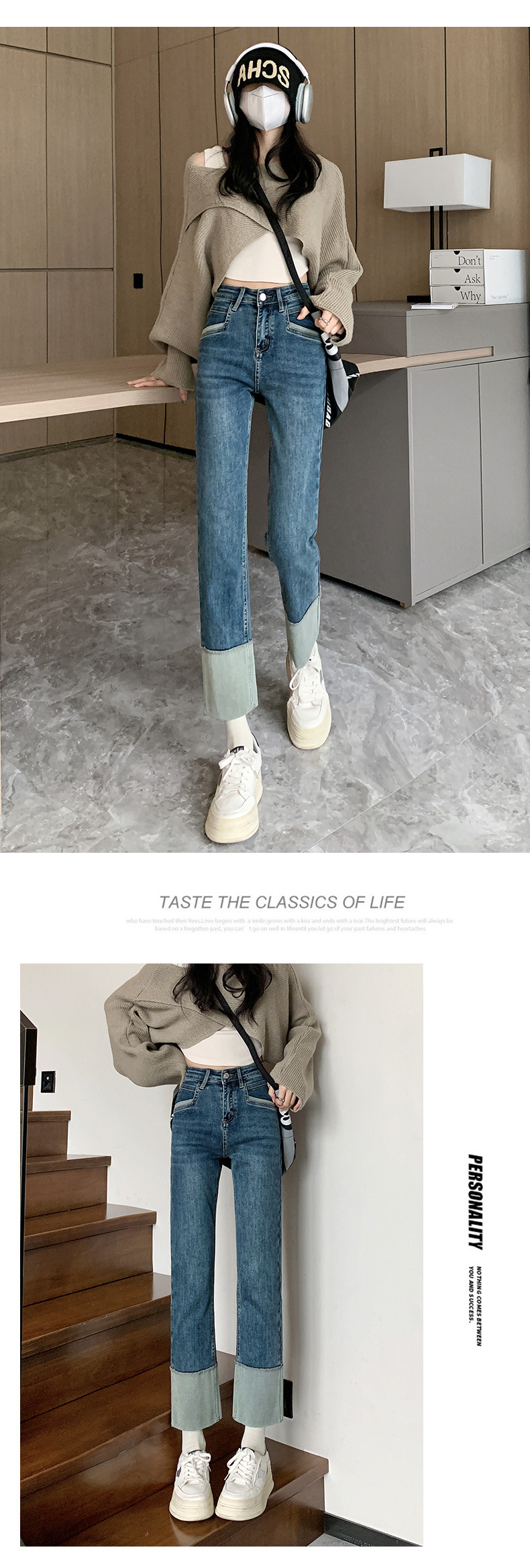 Rolled-up high-waisted straight-leg jeans for women in spring, Korean style, elastic and slimming, making you look petite. Trendy cigarette tube pants pic 12