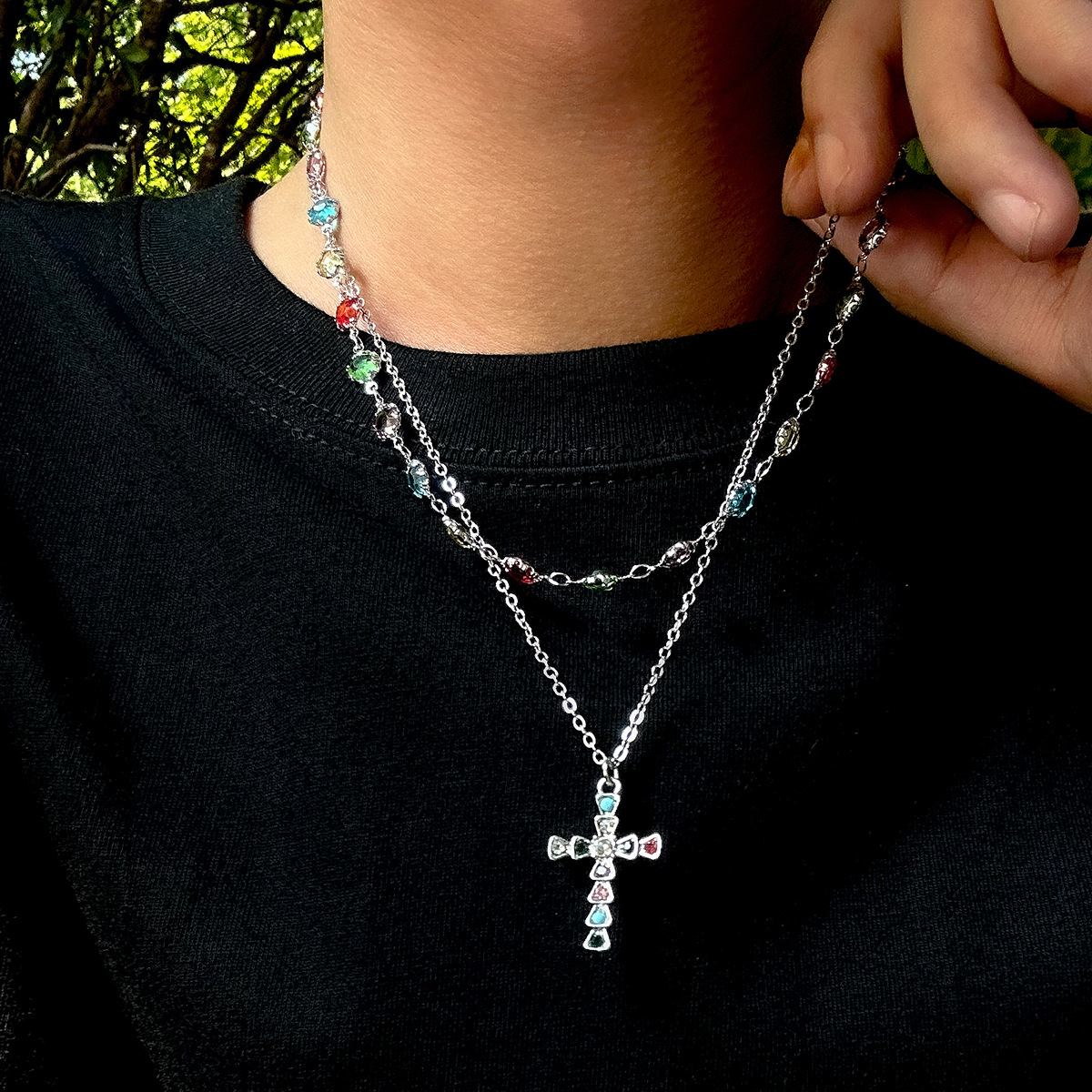 Crystal Cross Necklace For Men Layered Chain Hip-hop Accessory_voghion.com