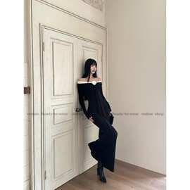 简约气质辣妹一字肩长袖修身显瘦连衣裙新款包臀鱼尾裙女礼服长裙