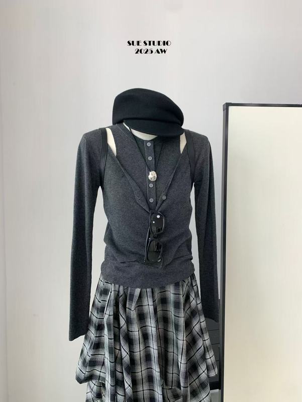 SUE十三行叠穿气质假两件针织衫女秋季新款韩系修身显瘦上衣37120|undefined