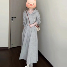 小个子灰色连帽长袖卫衣款连衣裙女深秋初冬季新款韩系收腰长裙子