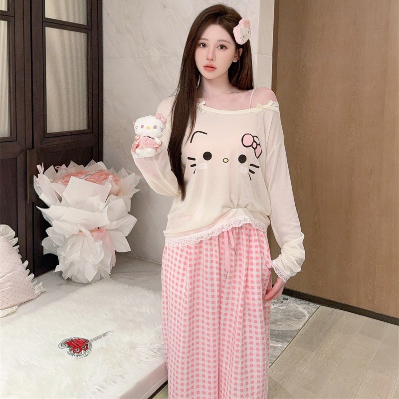 Pajamas for Women Spring and Summer Qingqiu Modal Pink Plaid Cat Print Comfortable Short-Sleeved Pants Chest Pad Hair Tie Home Clothes