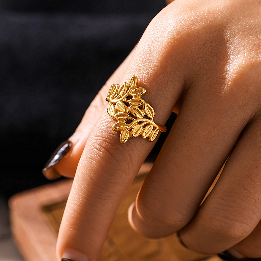 Anello aperto in acciaio inossidabile con linea cava, alla moda, non sbiadisce, bracciale con anello da donna con foglia di temperamento_voghion.com