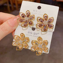 欧美跨境个性时尚夸张锆石镂空花瓣耳环气质简约轻奢高级感耳饰品