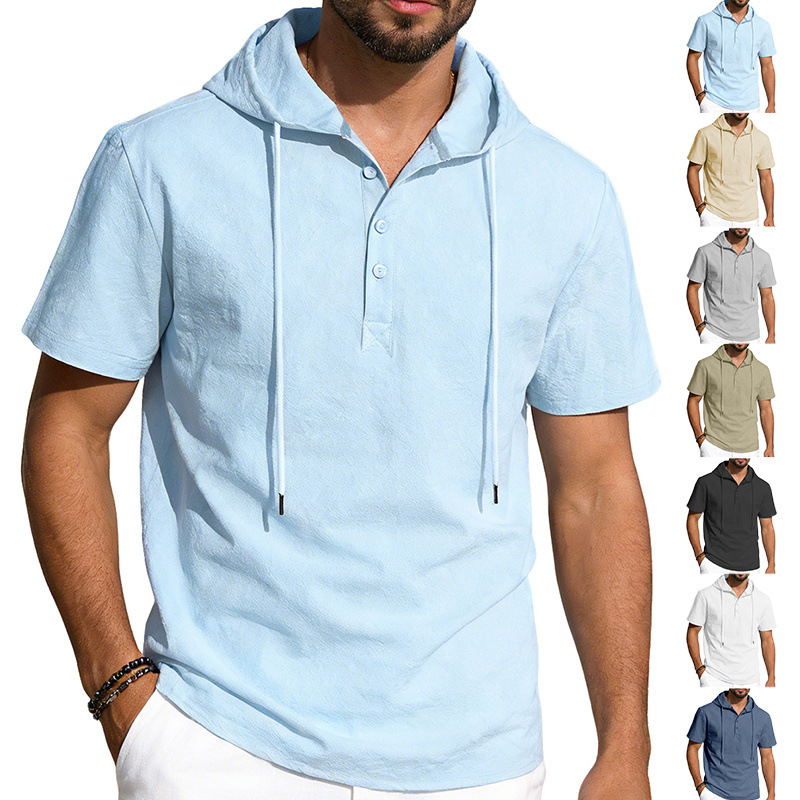 Nuevo cross-border nuevo hombre lino camiseta de manga corta camiseta de playa camiseta con capuz camiseta de manga corta de color sólido hombre