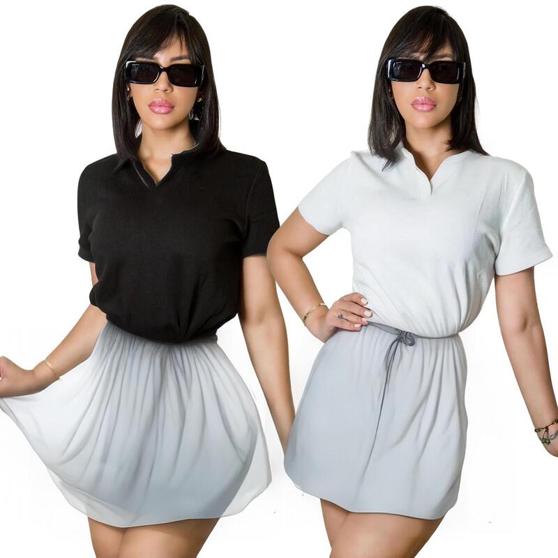 Fashionable Casual Sports Lapel Short-Sleeve Sexy Pleated Skirt Set European and American Cross-Border New Style J5083 in Stock Fashionable Casual Sports Lapel Short-Sleeve Sexy Pleated Skirt Set European and American Cross-Border New Style J5083 in Stock