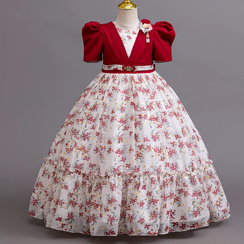 Летнее платье с пышными рукавами для девочек, платье принцессы с цветочным принтом, праздничный стиль, модельное платье для подиума, детское платье