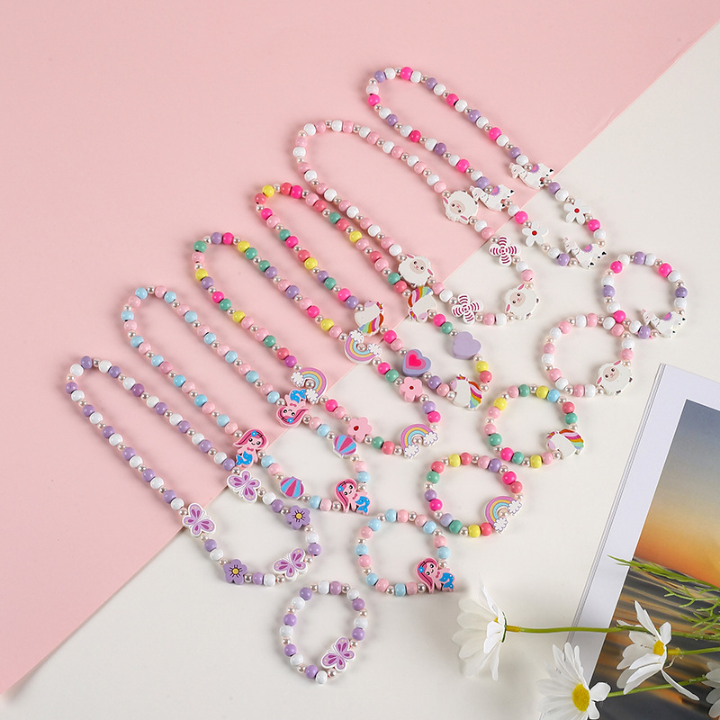New Children's Jewelry Cartoon Bracelet Necklace Set Wooden Elastic Beaded Wholesale Cute Animal Shape Necklace