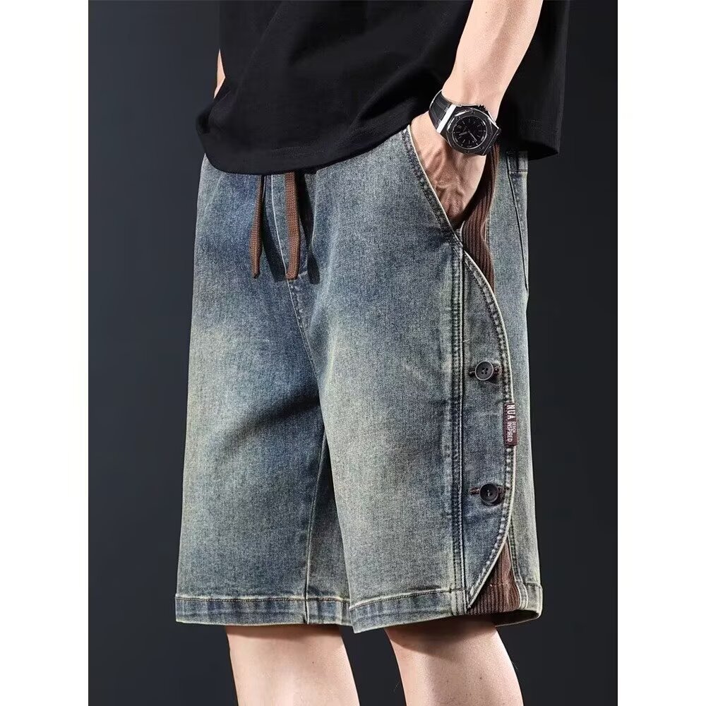 American Retro Denim Shorts for Men 2025 Summer New Loose Washed Five-Point Casual Patchwork Versatile Pants