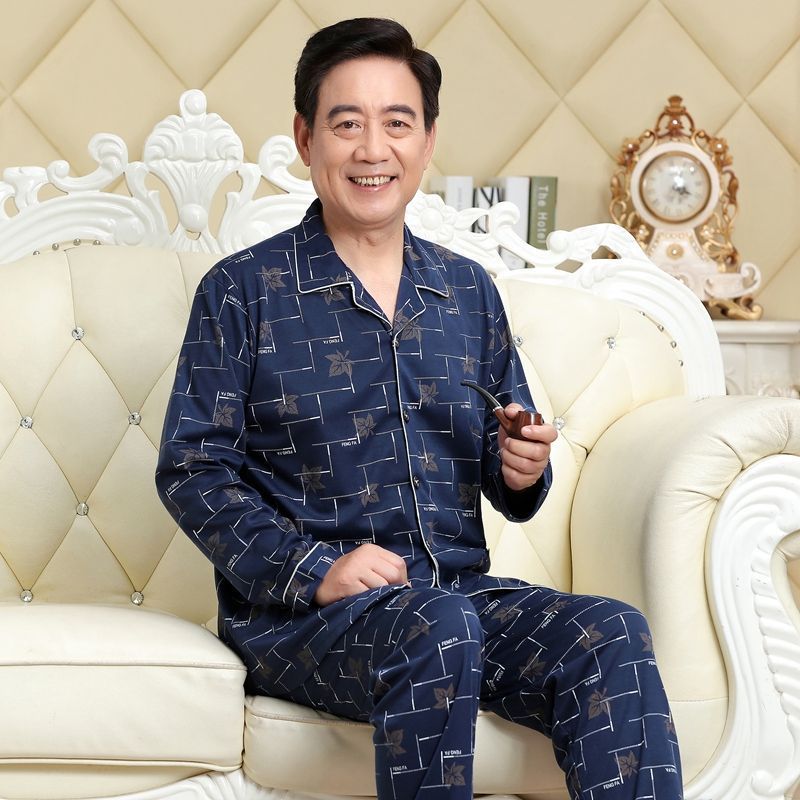 Pijamas de mediana edad y ancianos hombres 100% algodón primavera y otoño manga larga otoño e invierno más tamaño viejo papá traje de uso doméstico
