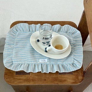 French Ins Style Sky Blue Stripesd Lace Placemat Fresh Ruffled Napkin Table Decoration Dustproof Cover Cloth