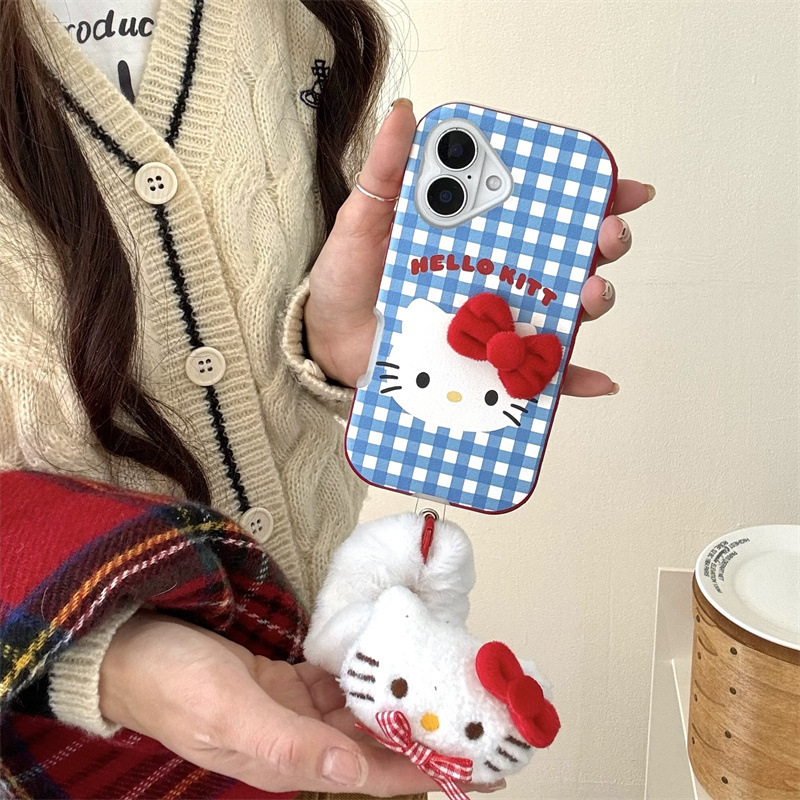 Gato kt a cuadros azul coreano de nicho para Apple 15pro/16pro Fun 14 Bowknot 13p girl