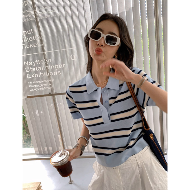 Hoarding! New color! Life Polo Shirt Women's Summer New Coarse Striped Short-sleeved T-shirt Top
