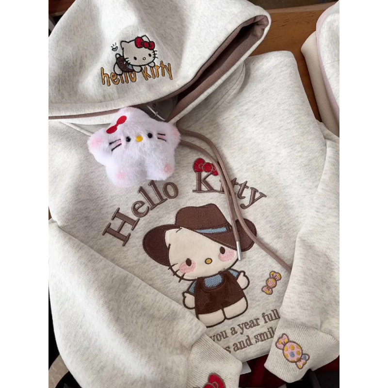 2025 New melange gray Cute Cartoon Kitty Hooded Sweatshirt Women's Spring and Autumn Loose Design All-match Jacket