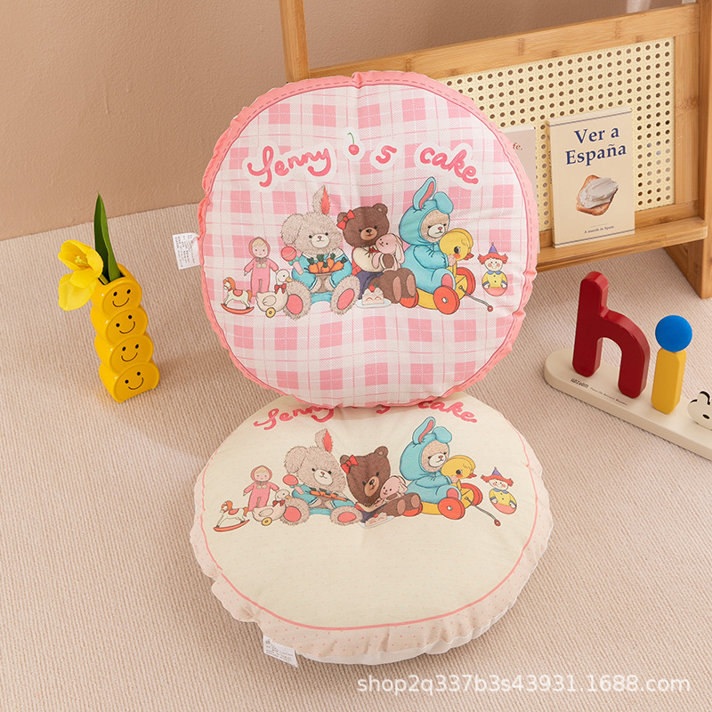Plaid Music Bear Cute Cotton and Linen Round Chair Cushion Home Use Children Girls Tatami Floor Mat