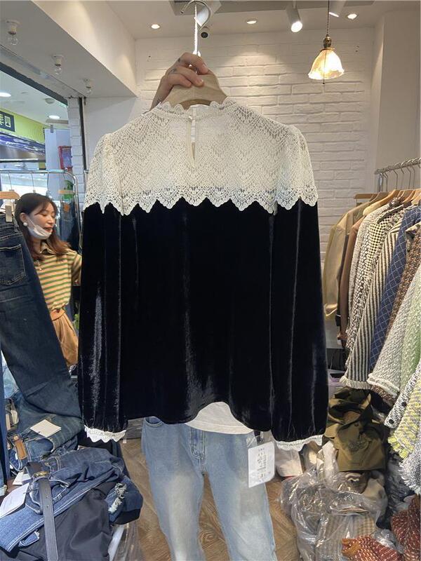 French Style Lace Stitching Golden Velvet Top Shirt Women's Autumn and Winter Loose All-match Western Style Black Outer Shirt