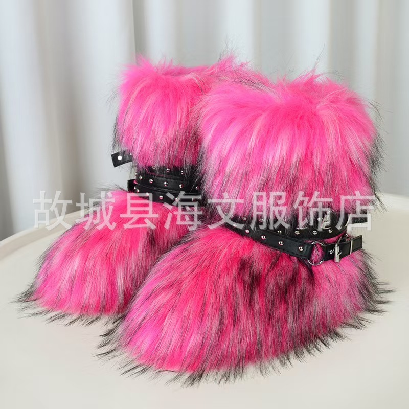 新款炸街辣妹厚底雪地靴Y2K朋克仿毛靴子铆钉靴显瘦暗黑系绑带靴|undefined