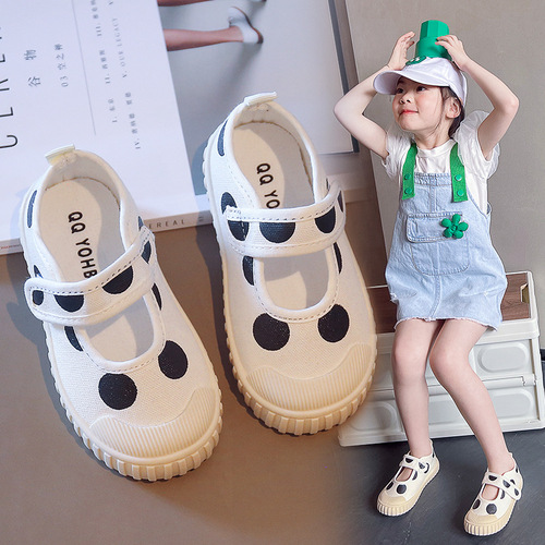 2024 spring and autumn new shoes for girls, cute polka dot canvas shoes, fashionable casual shoes, breathable baby shoes
