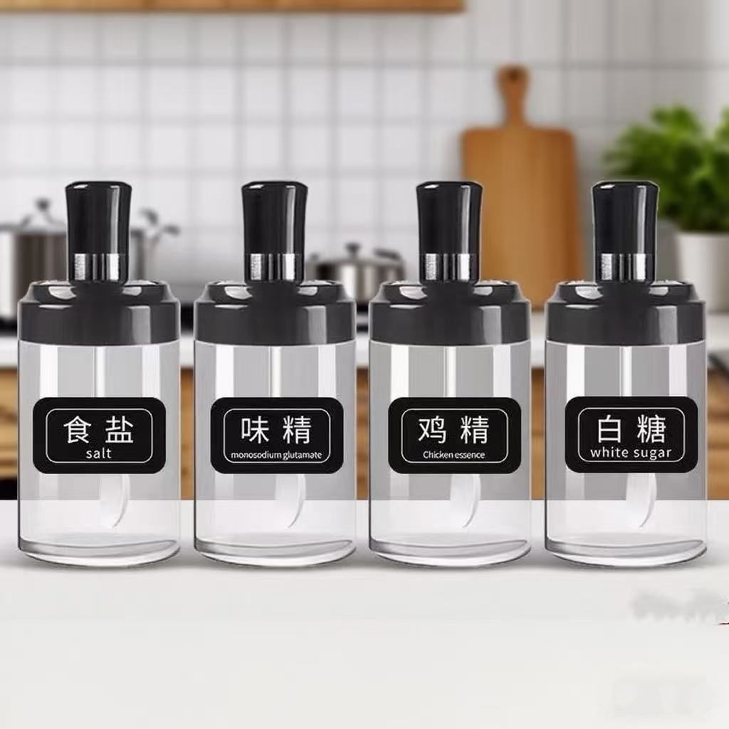 cubierta de cuchara integral condimento cocina almacenamiento de vidrio condimento conjunto de combinación botella de condimento doméstica botella de condimento monosódico lata de sal