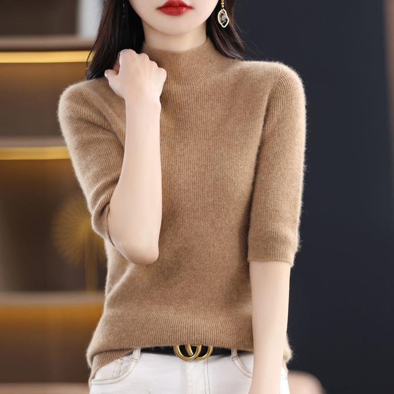 女性用の西洋風ボトムシャツ、七分袖、春秋のミッドスリーブ、ハーフタートルネック、スリムで高級な半袖ニットセーター|undefined