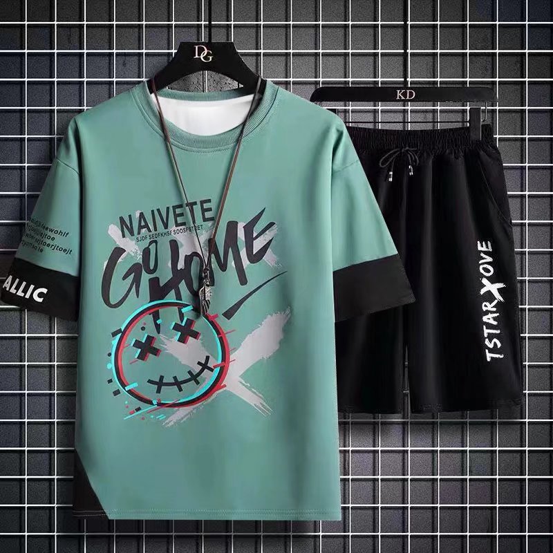 Hip hop Camiseta de manga corta de los hombres de verano de Hong Kong estilo media manga INS de moda todo fósforo camiseta casual pantalones cortos deportivos traje de dos piezas