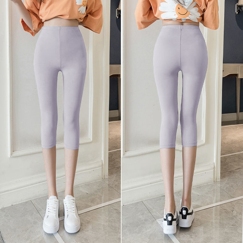 Ice Silk Leggings for Women, Summer Thin Tight Pants, High-Waisted Seamless Capri Pants, Bare-Leg Effect
