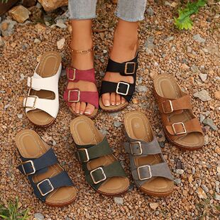Foreign trade explosions with broken heel thick-soles slippers women's summer one-word buckle beach cool plus size slippers wholesale