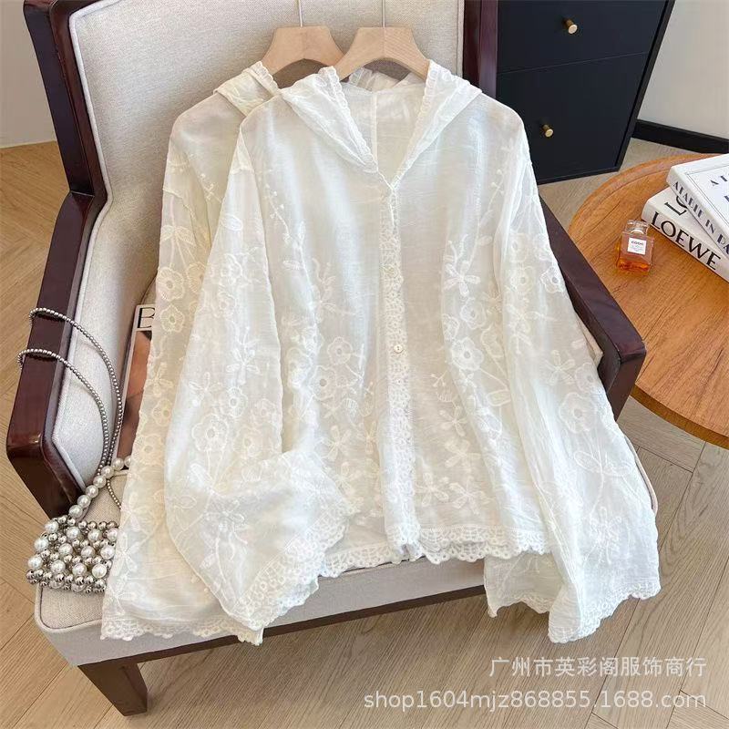 Korean Style Holiday Style New Loose and Versatile Personalized Design Hooded Embroidered Crochet Long-Sleeved Shirt Top for Women Korean Style Holiday Style New Loose and Versatile Personalized Design Hooded Embroidered Crochet Long-Sleeved Shirt Top for Women