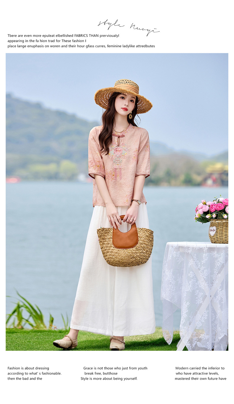 Bộ quần áo nữ hai mảnh sơ mi thêu họa tiết quốc phong kết hợp quần ống đứng MM6617 — xanh lam, Màu hồng chi tiết 11