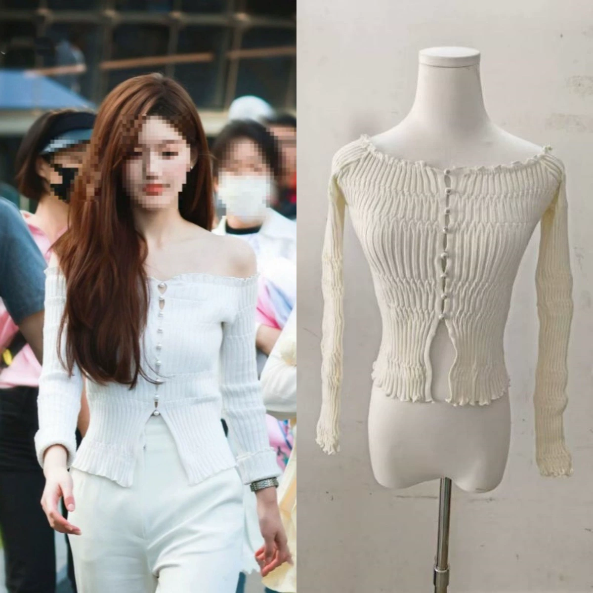 В наличии, готово к немедленной отгрузке: Трикотажный топ на одно плечо в стиле Сю Ляньяо и Чжао Луси, осень-зима 2025, с рукавами-колокол и открытыми плечами.