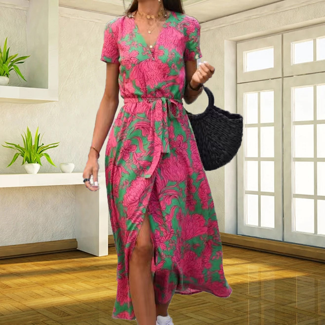 European and American women's clothing Amazon printed dress 2025 summer cross-border V-neck split long group of foreign trade women's clothing