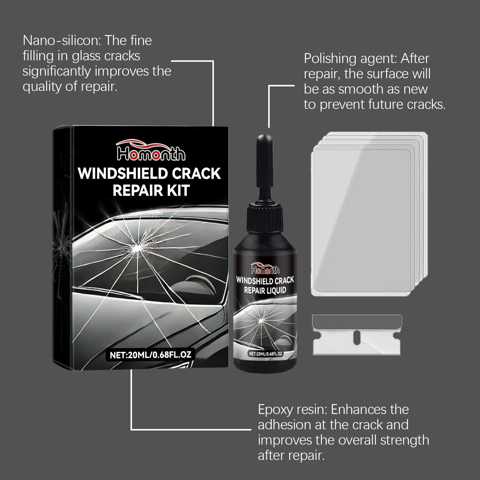 Homonth Car Windshield Crack Care Solution Car Glass Care Tool Crack Glass Adhesive Liquid