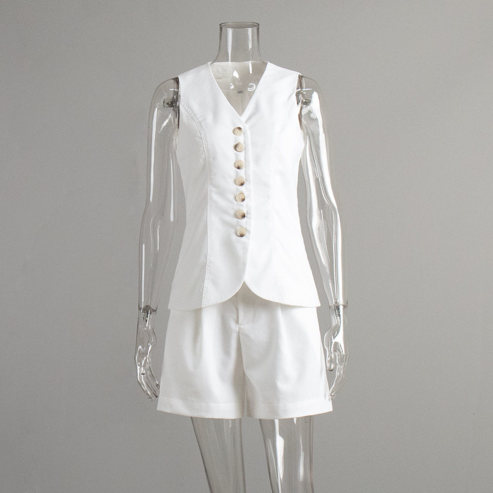 Bộ vest gile và quần short nữ chất liệu lanh cotton, áo khoét vai không tay, kiểu công sở — Màu mơ, Màu nâu đậm, Màu trắng, Màu xanh nước biển chi tiết 10