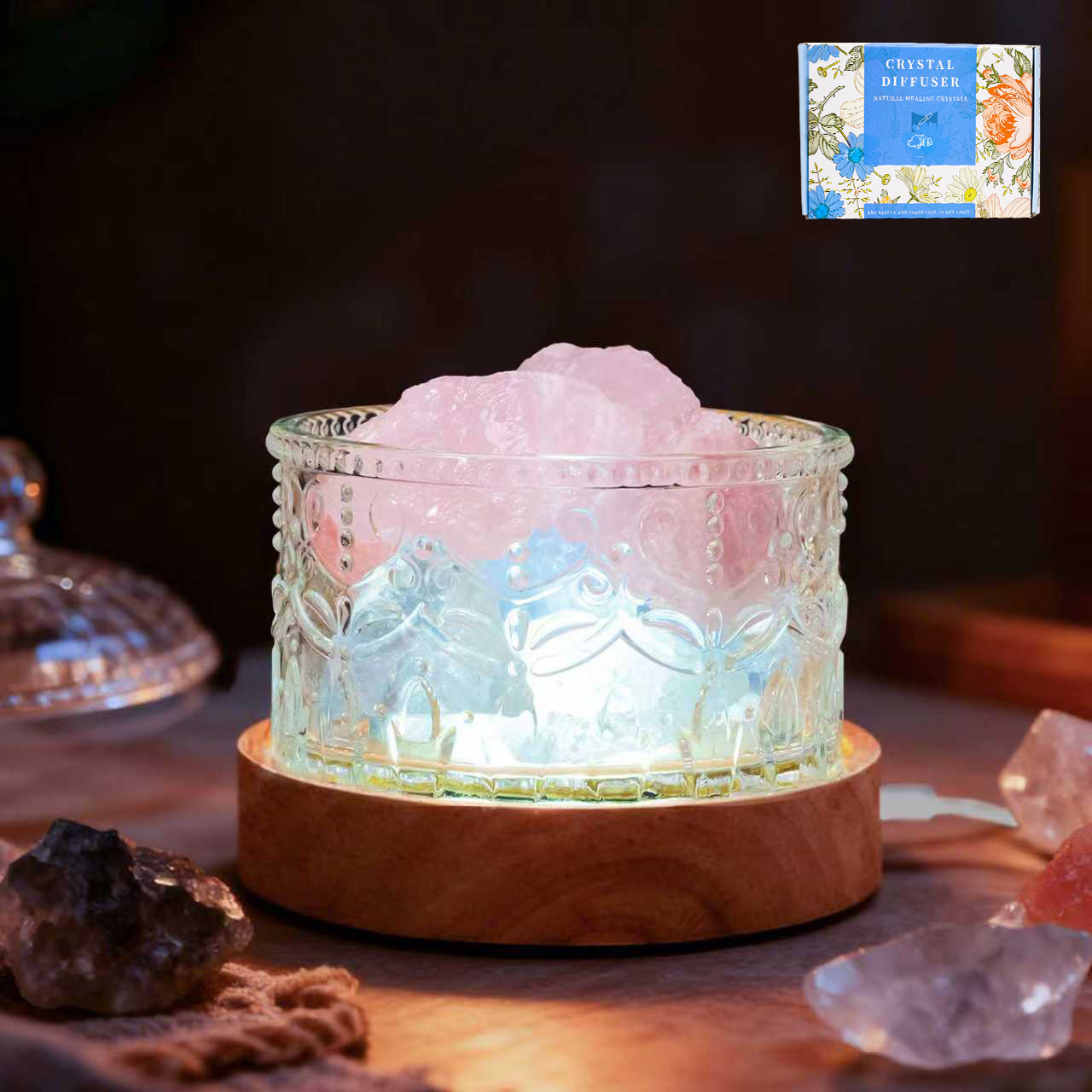 【Caja de Regalo】Lapislázuli de 2-4cm 200g + Cuarzo Rosa 100g + Cuenco Corona de Cristal + Base USB Tricolor Redonda