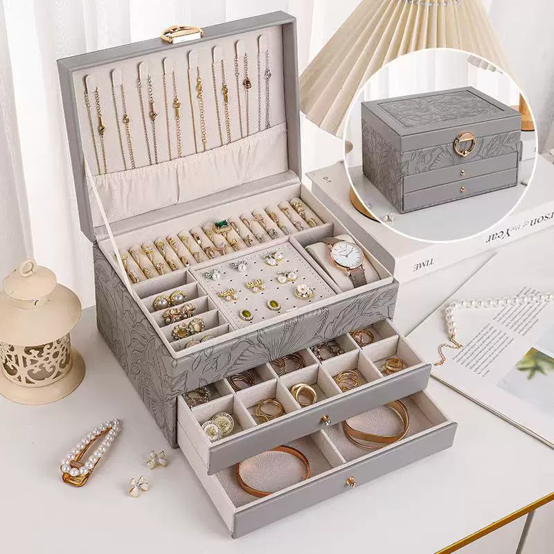 Polyurethane Jewelry Storage Box, Multi-Layer Large Capacity Organizer for Rings & Necklaces