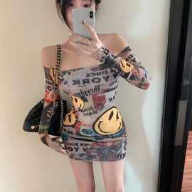 【跨境批发】街头性感辣妹风连衣裙美式港味修身显瘦网纱包臀裙潮