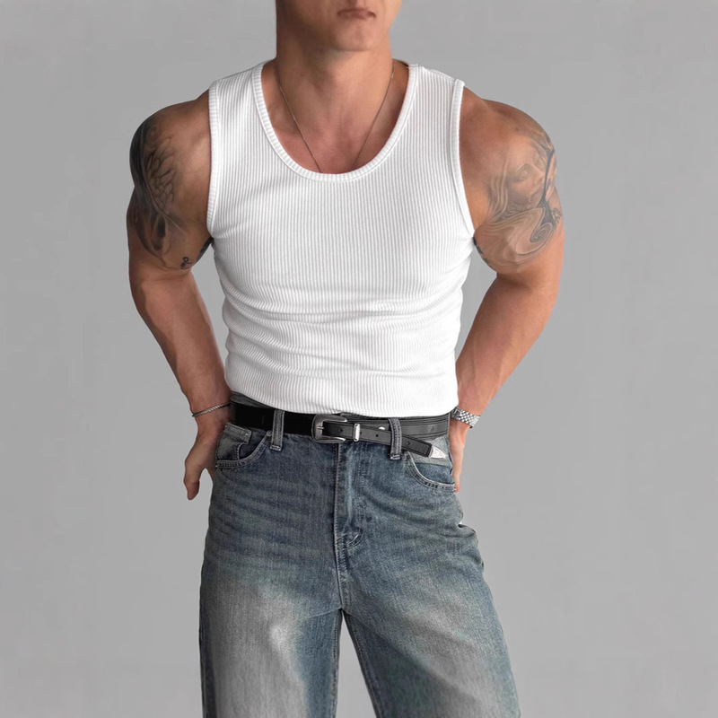 European Heavy Cotton Threaded Vest Muscle Men's High Stretch Sleeveless T-shirt Bodybuilding Training Sports Tights Trendy