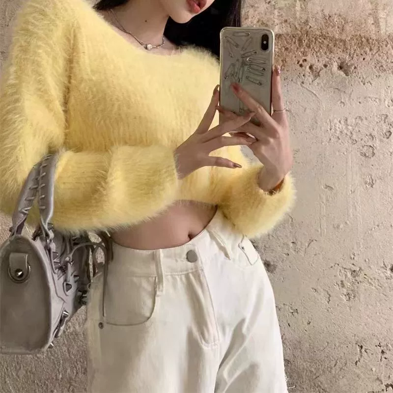 Демисезонный вязаный свитер, V-образный вырез, oversize, свободный крой