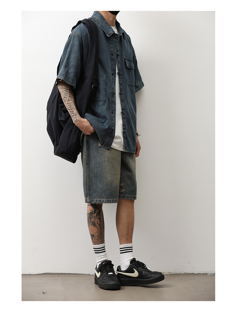 1 Denim Short Sleeve Summer New Chinese Niche Design Button Dark Blue Shirt Men's National Style Jacket Trendy_voghion.com