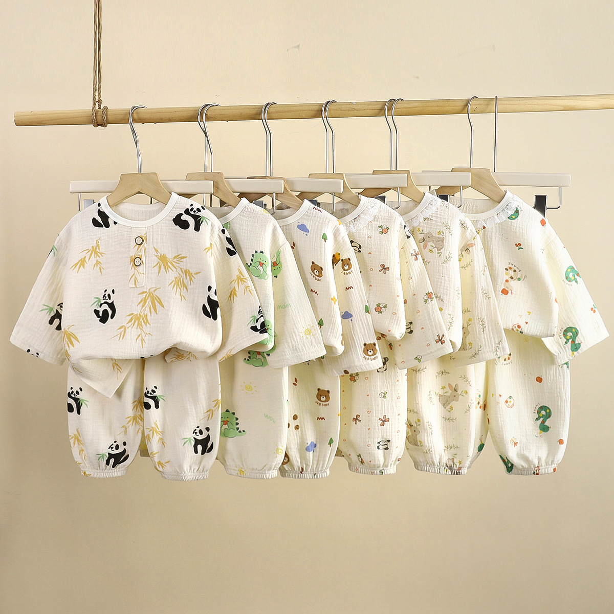 Children's Pajamas Thin Double-Layer Cotton Yarn Summer Round Neck Boys' Air-conditioning Clothes Lace Girls' Home Clothes suit