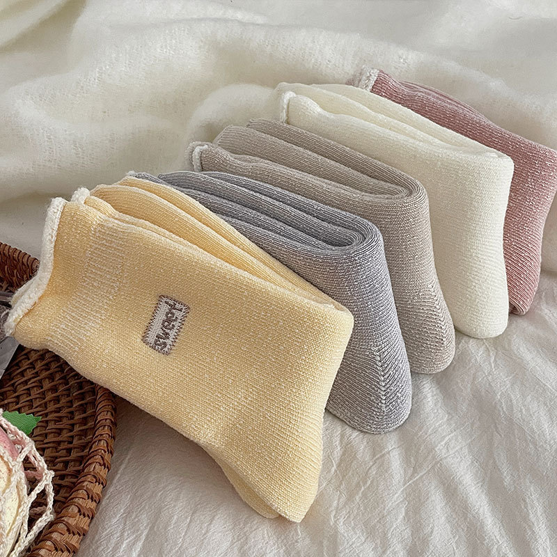 Kışın sıcak çoraplar işlemeli çoraplar artı kadife kalın taban çorapları düz renk fırçalanmış çoraplar kışlık kalınlaştırılmış kadın çorapları_voghion.com