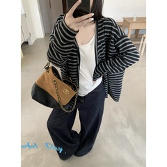 实拍 宽松慵懒风百搭条纹v领开衫外套女装韩系chic休闲上衣88734